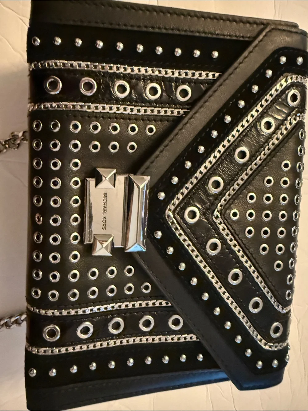 Michael Kors Black Whitney grommeted/ Studded Leather convertsble Shoulder Bag